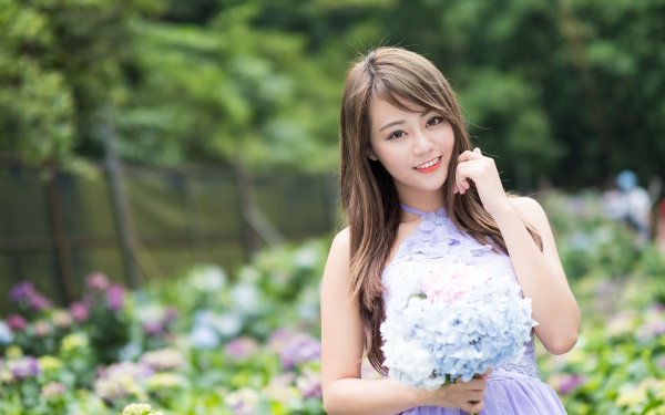Women Asian Model Blue Flower Dress Depth Of Field Flower Smile Brunette Brown Eyes HD Wallpaper | Background Image
