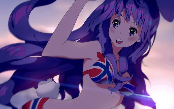 Anime Original Purple Hair Bikini Sunset HD Wallpaper | Background Image