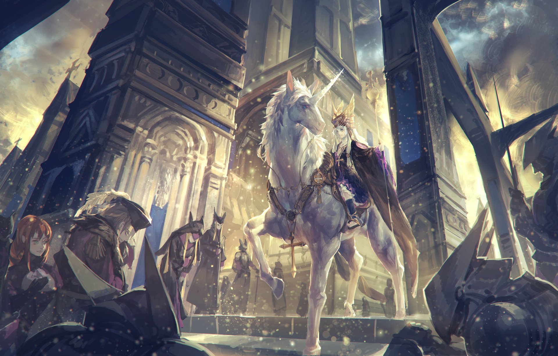A white-haired knight rides a white unicorn through a towering, detailed anime cityscape from Pixiv Fantasia: New World, rendered in HD for a PC desktop wallpaper.