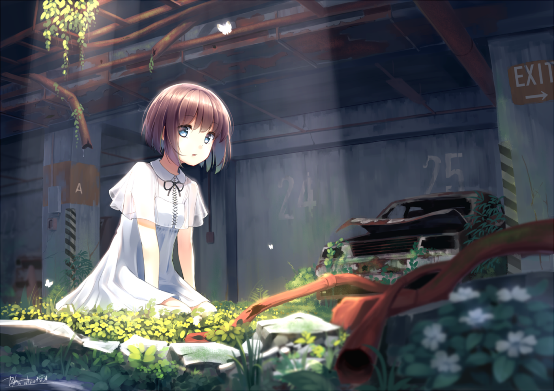 HD original anime desktop wallpaper: short brown‑haired girl with blue eyes sits among flowers in a sunlit abandoned parking garage beside an overgrown, rusted car.
