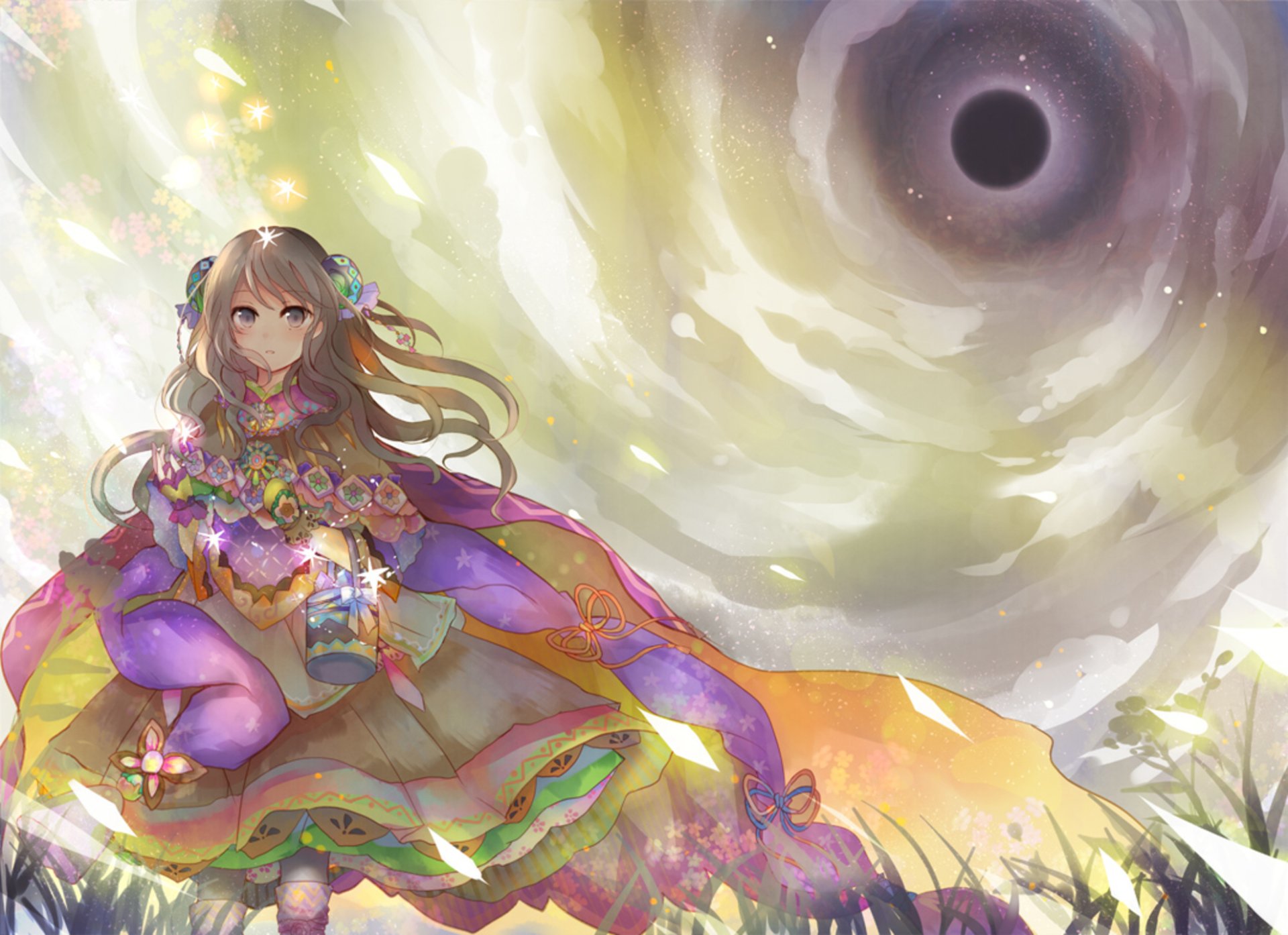 Anime original HD desktop wallpaper: blonde girl in a colorful flowing dress sits beneath a swirling sky with a distant black hole, luminous clouds and drifting petals.