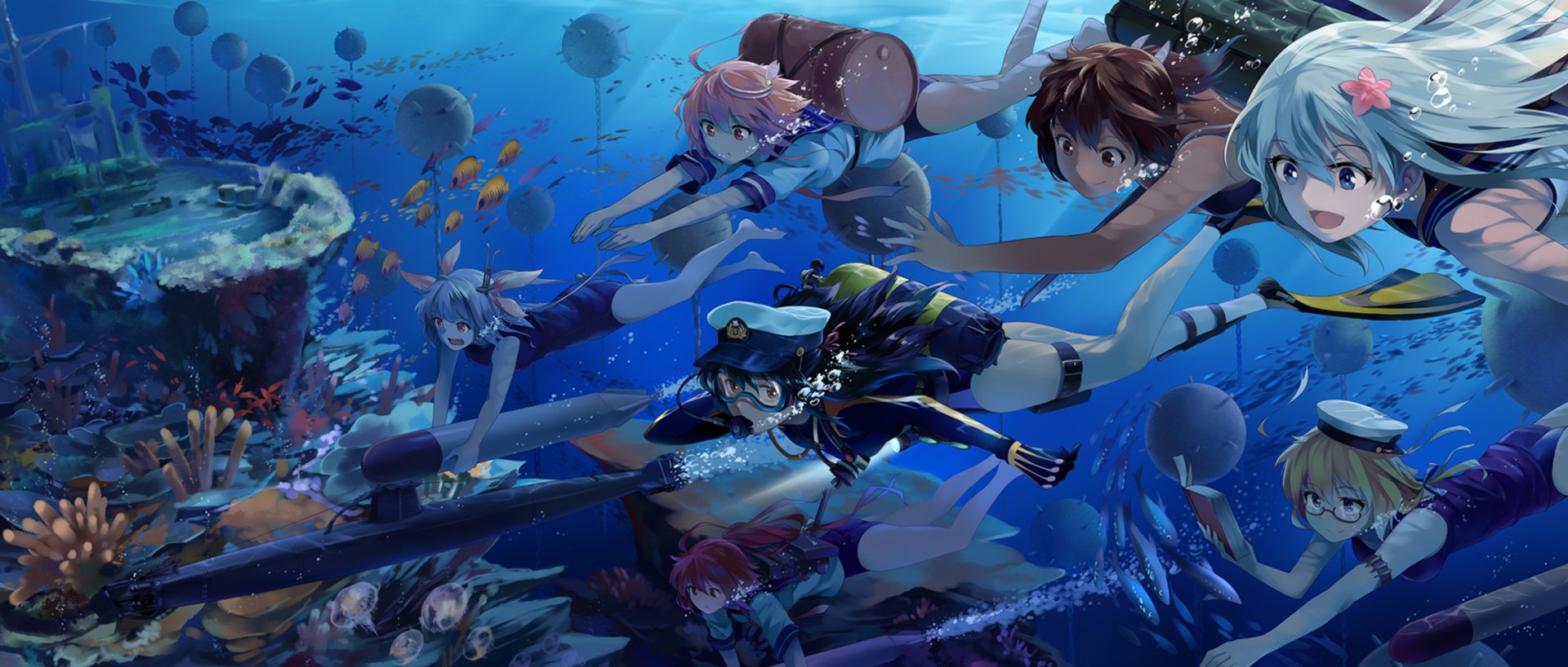 HD anime desktop wallpaper: Kantai Collection Female Admiral with submarine ship girls Ro-500, I-8, I-58, I-401, I-19 and I-168 swimming underwater among fish.