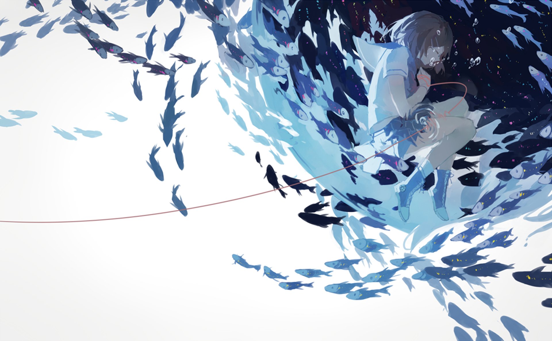 Original Anime HD PC desktop wallpaper background: a girl curled inside a dark orb as blue fish spiral around her, a thin red thread trailing into white space.