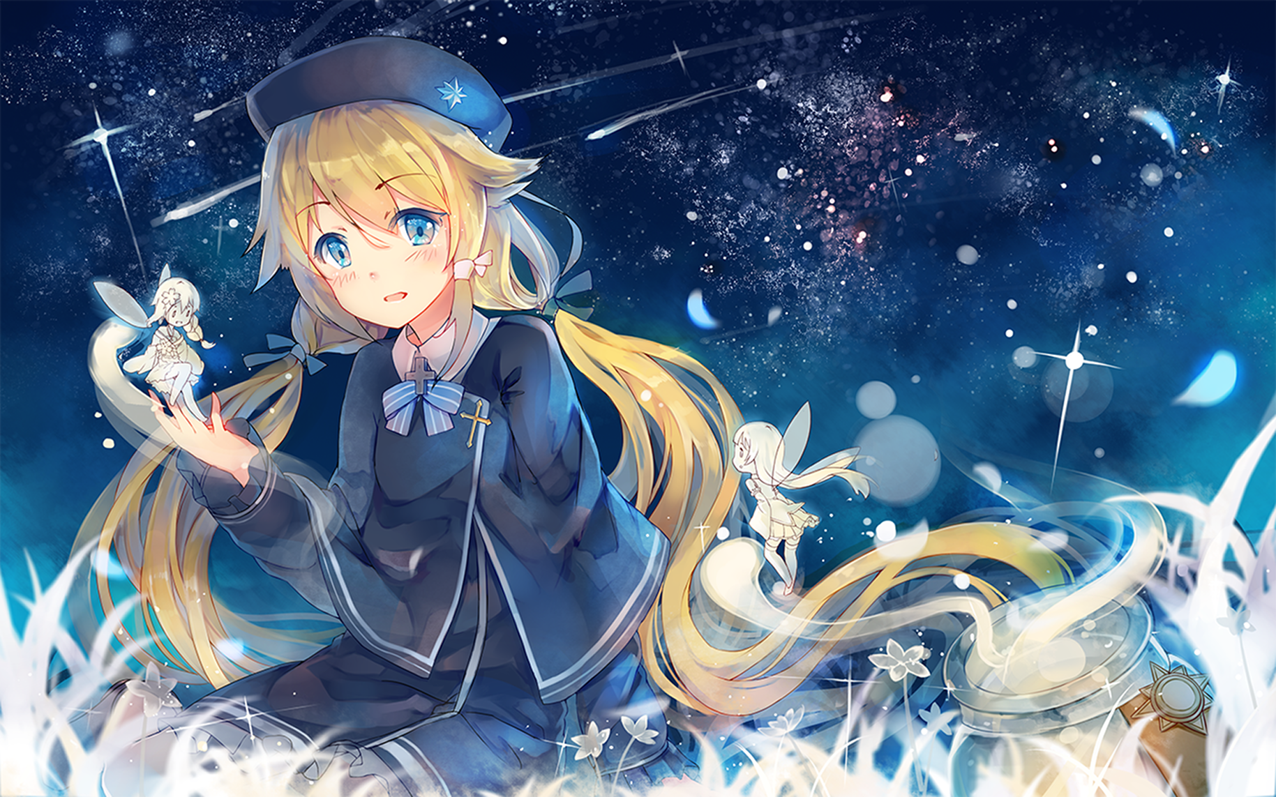 Anime-style HD wallpaper featuring a blonde, long-haired girl with blue eyes and a hat, accompanied by small fairies and glowing comet-like streaks in a starry night background.
