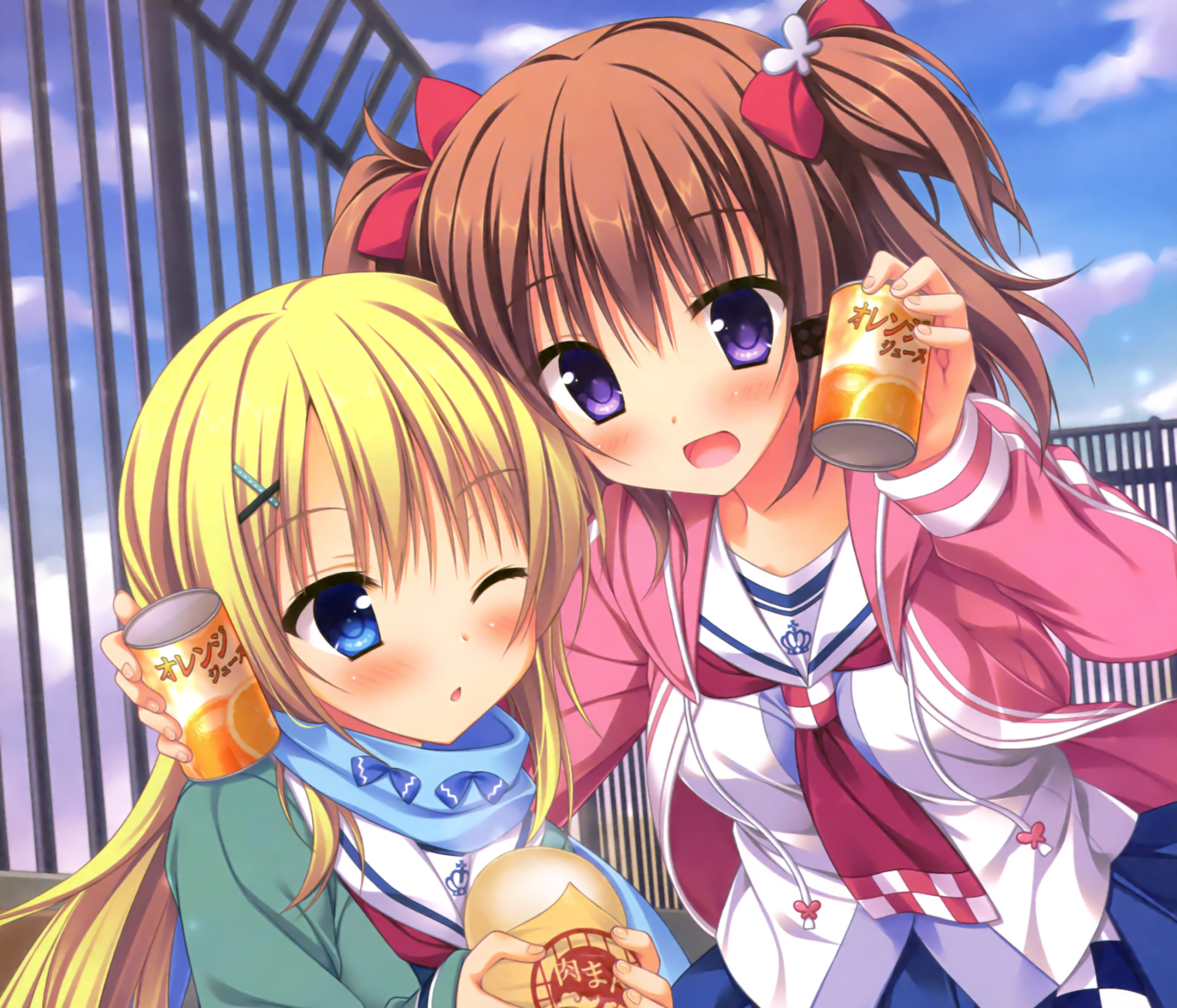 HD PC anime original desktop wallpaper of two smiling twintail girls: a blonde with blue eye, short hair, scarf winking; a brown-haired long-twintail girl with purple eyes, blushing, holding cans.