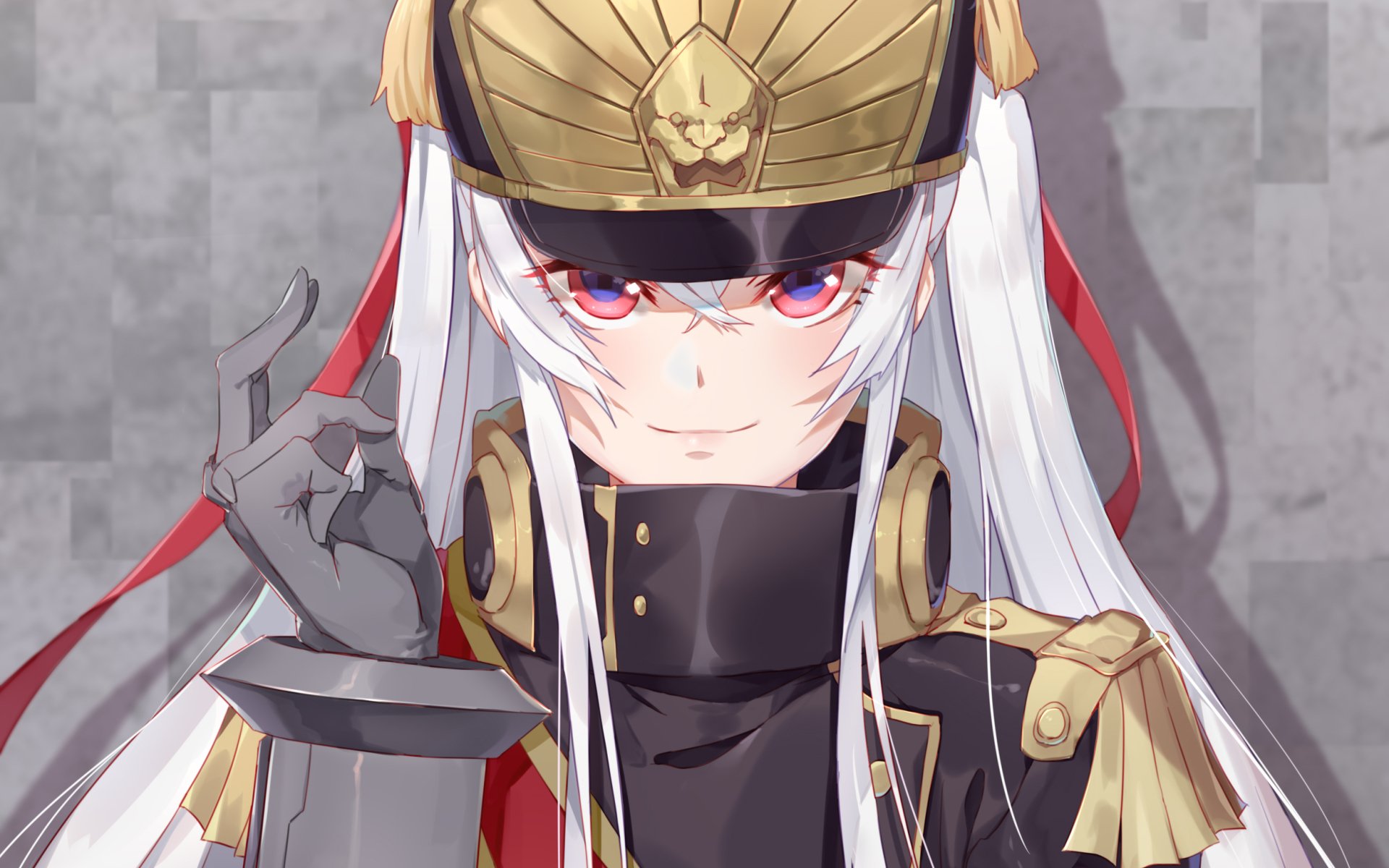 HD desktop wallpaper featuring Gunpuku no Himegimi from Re:Creators. The character Altair stands confidently, dressed in a detailed military-style uniform with a golden hat, against a subtle gray background.