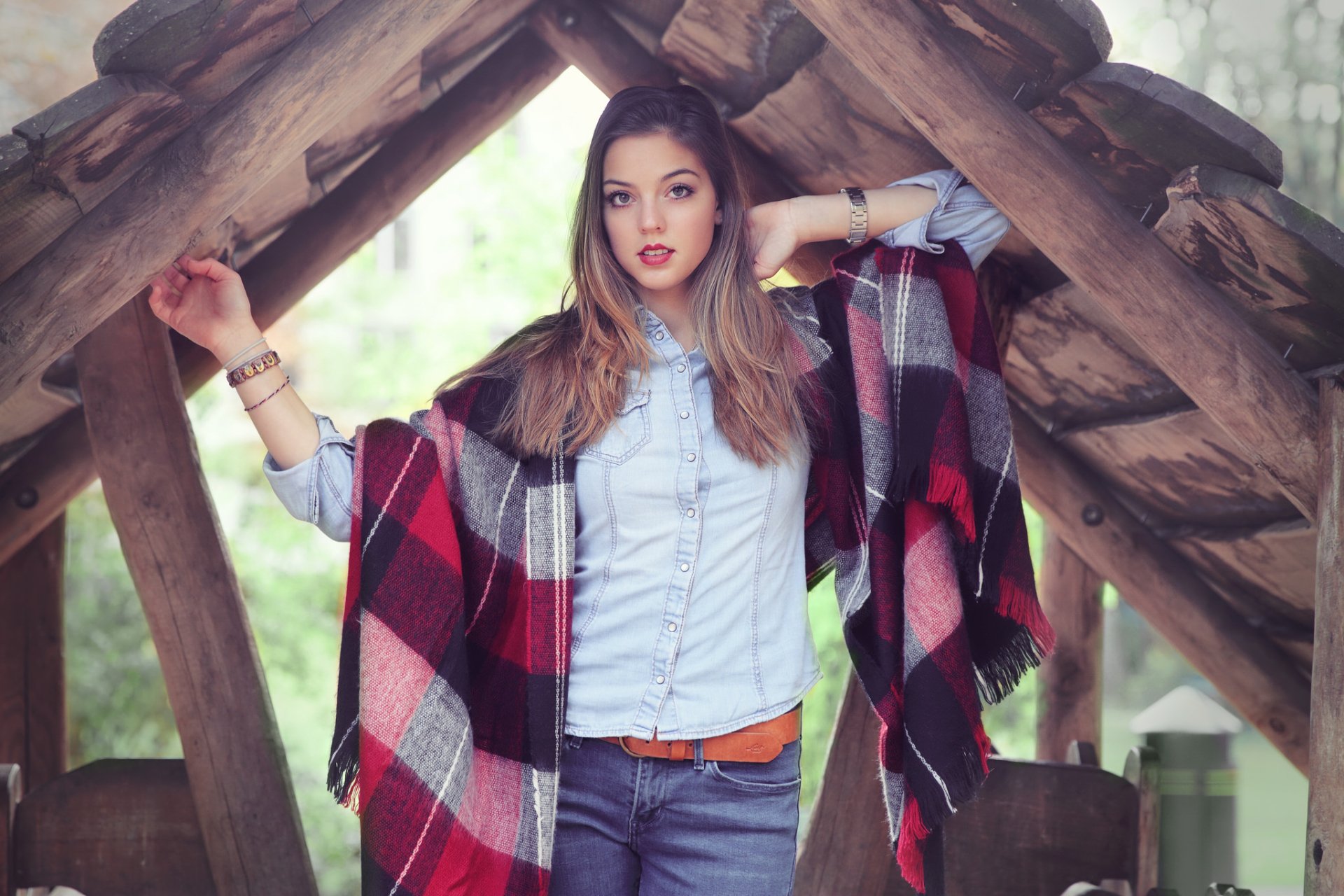 Download Lipstick Brunette Fall Plaid Woman Mood HD Wallpaper by Paola Jegher