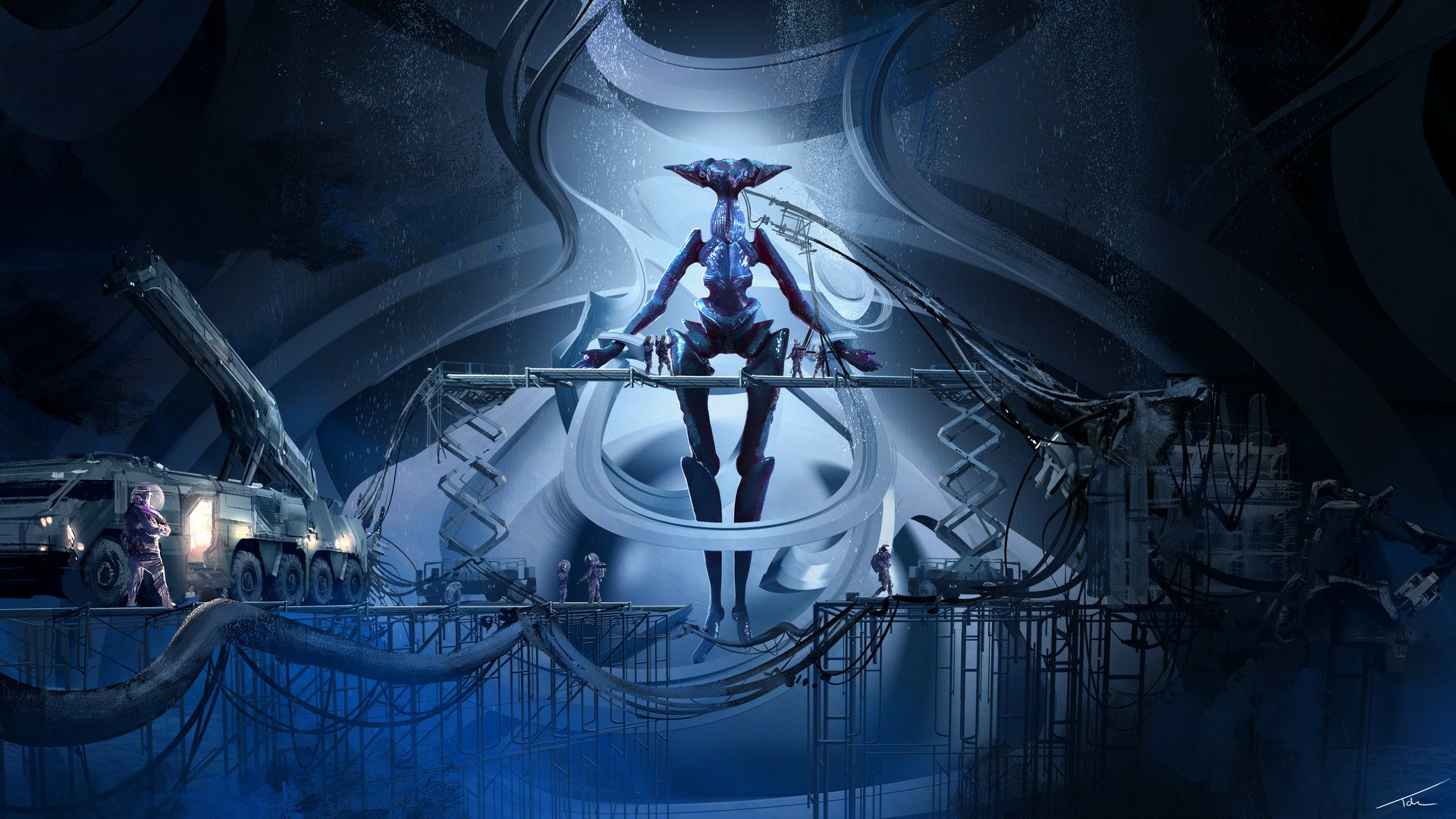 HD PC desktop wallpaper/background: a giant alien astronaut hovers over a sci-fi vehicle in a sprawling blue-lit hangar, cables and technicians working below.