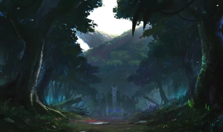 A dark anime forest scene with dense trees and misty mountains in the background, rendered in high-definition as an original PC desktop wallpaper.