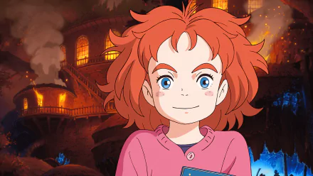 HD anime desktop wallpaper featuring Mary from Studio Ponoc's Mary and the Witch's Flower with a magical, fiery background.