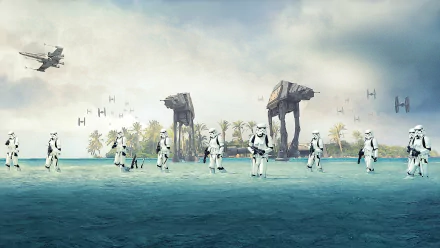 4K Ultra HD wallpaper featuring AT-AT Walkers and stormtroopers from Rogue One: A Star Wars Story on a tropical beach with TIE fighters in the sky.