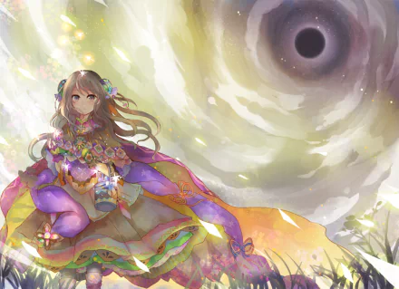 Anime original HD desktop wallpaper: blonde girl in a colorful flowing dress sits beneath a swirling sky with a distant black hole, luminous clouds and drifting petals.
