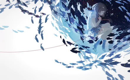 Original Anime HD PC desktop wallpaper background: a girl curled inside a dark orb as blue fish spiral around her, a thin red thread trailing into white space.