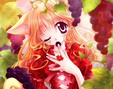 flower tail brown eyes wink fruit cat girl blonde long hair Anime Original HD Desktop Wallpaper | Background Image