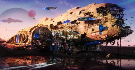 A detailed Sci-Fi image of a colossal space station spaceship with smaller vessels flying around, set against a backdrop of planets and stars. HD desktop wallpaper and background.