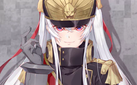 HD desktop wallpaper featuring Gunpuku no Himegimi from Re:Creators. The character Altair stands confidently, dressed in a detailed military-style uniform with a golden hat, against a subtle gray background.