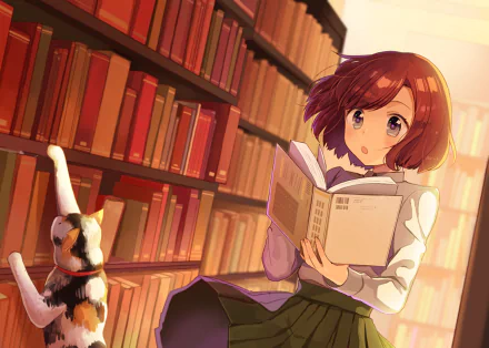 HD PC desktop wallpaper: anime girl with short brown hair reading a book in a sunlit library, an anime calico cat perched on a shelf.