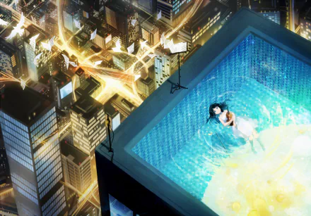 Anime-style bird with short black hair and blue eyes floats in a rooftop pool, illuminated by city lights in this HD desktop wallpaper background.