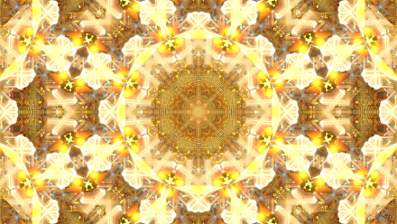 HD PC desktop wallpaper/background, golden mandala abstract pattern with kaleidoscopic manipulation, radiant geometric symmetry and luminous highlights.
