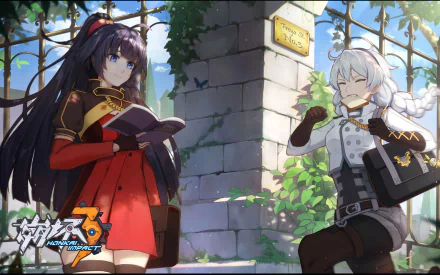 Raiden Mei and Kiana Kaslana from the anime Benghuai Xueyuan are featured in this vibrant HD desktop wallpaper, set against a lush, sunlit background.