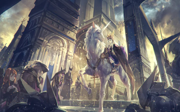 A white-haired knight rides a white unicorn through a towering, detailed anime cityscape from Pixiv Fantasia: New World, rendered in HD for a PC desktop wallpaper.