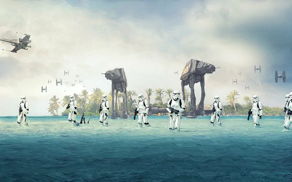 4K Ultra HD wallpaper featuring AT-AT Walkers and stormtroopers from Rogue One: A Star Wars Story on a tropical beach with TIE fighters in the sky.