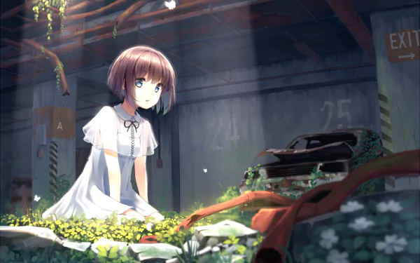 HD original anime desktop wallpaper: short brown‑haired girl with blue eyes sits among flowers in a sunlit abandoned parking garage beside an overgrown, rusted car.