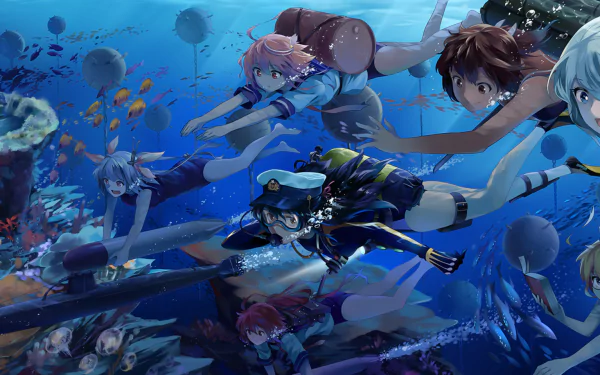 HD anime desktop wallpaper: Kantai Collection Female Admiral with submarine ship girls Ro-500, I-8, I-58, I-401, I-19 and I-168 swimming underwater among fish.