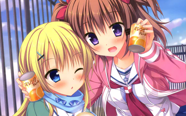 HD PC anime original desktop wallpaper of two smiling twintail girls: a blonde with blue eye, short hair, scarf winking; a brown-haired long-twintail girl with purple eyes, blushing, holding cans.