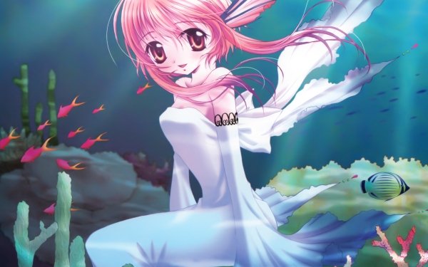 Anime Original Mermaid Short Hair Pink Hair Pink Eyes Fish Smile Blush Coral HD Wallpaper | Background Image