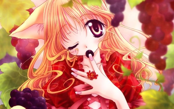 Anime Original Long Hair Blonde Cat Girl Fruit Wink Brown Eyes Tail Flower HD Wallpaper | Background Image