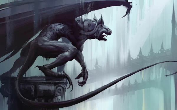 HD PC desktop wallpaper of a dark fantasy gargoyle with wings and a long tail perched on a stone pillar against a misty, gothic cityscape background.