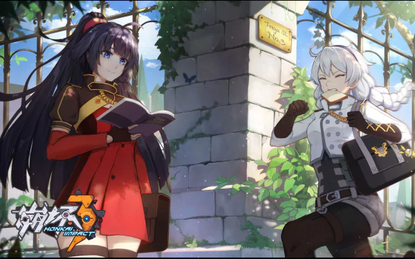 Raiden Mei and Kiana Kaslana from the anime Benghuai Xueyuan are featured in this vibrant HD desktop wallpaper, set against a lush, sunlit background.