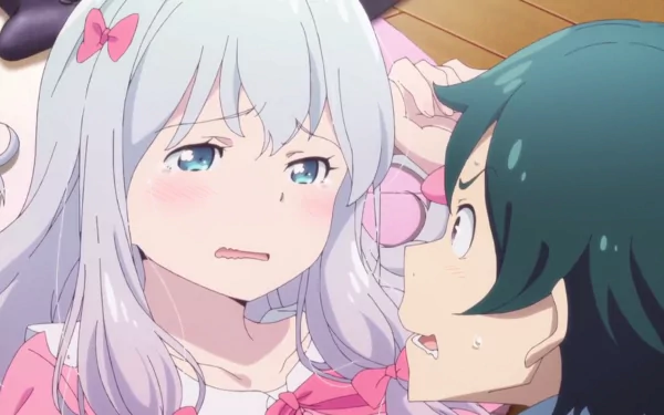 A high-definition desktop wallpaper featuring Masamune Izumi and Sagiri Izumi from the anime EroManga-Sensei, capturing an intimate moment between the two characters.