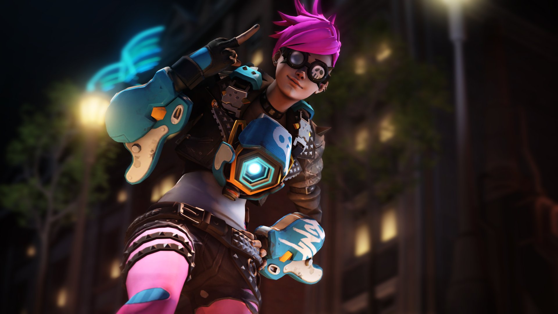 Tracer from Overwatch posing in a neon city at night, wearing blue-and-pink chronal gear and holding pulse pistols — 5K Ultra HD PC desktop wallpaper, video game background.