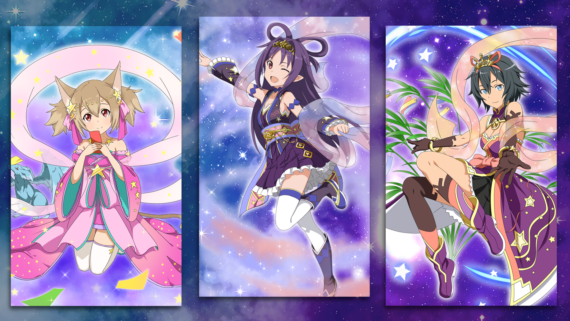 HD PC desktop wallpaper showing three starry anime characters from Sword Art Online: Memory Defrag in vibrant costumes and dynamic poses against a purple cosmic background.