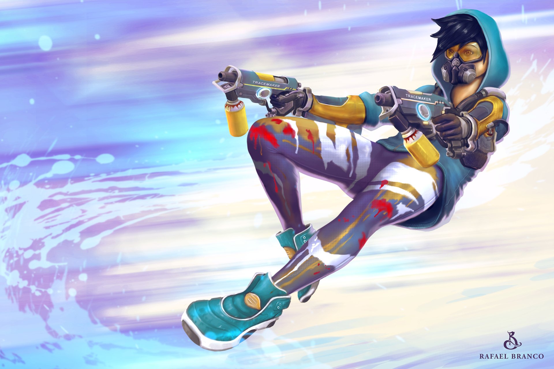 HD PC desktop wallpaper featuring Tracer from the video game Overwatch in dynamic motion with vibrant colors and a futuristic backdrop.