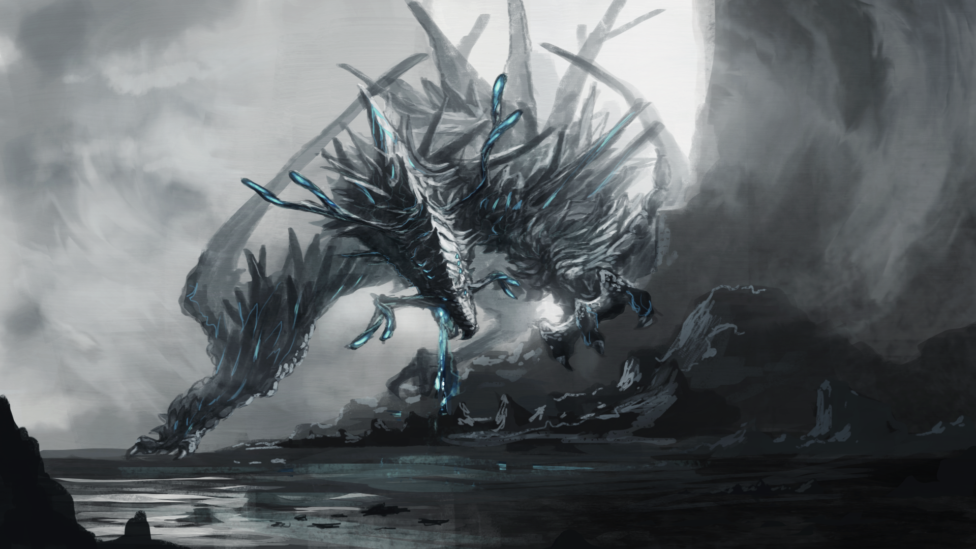 HD PC desktop wallpaper featuring a dark fantasy dragon emerging from clouds with glowing blue accents, set against a dramatic, misty landscape.