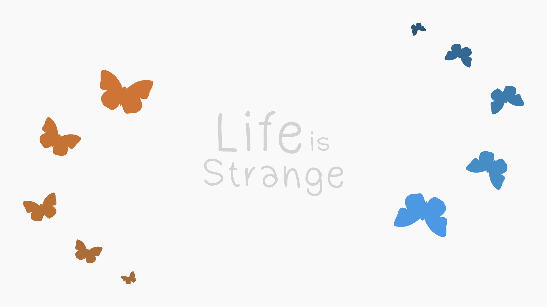 Minimalist 8K Ultra HD wallpaper featuring orange and blue butterflies with the Life Is Strange logo, inspired by the video game and minimalist gaming style.
