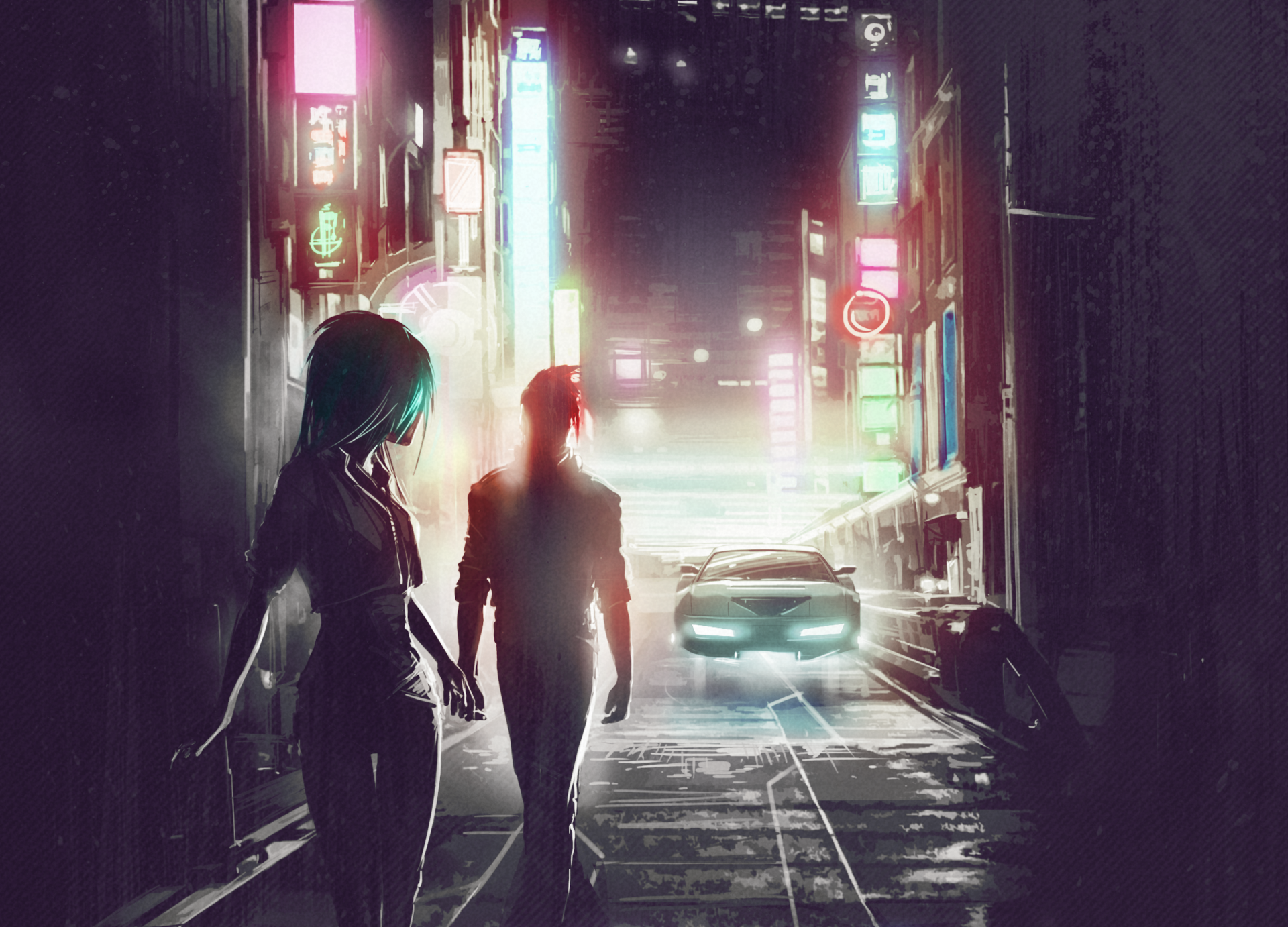 Futuristic cityscape with neon lights, a retro wave ambiance, and a sleek car. Two figures walk toward the glow of the vibrant town. Tagged: Klayton, music, Scandroid. HD desktop wallpaper.