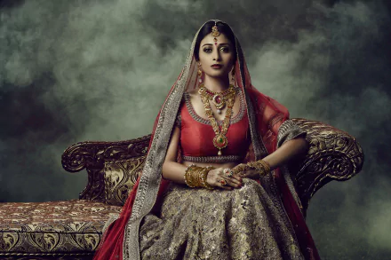 A high-definition desktop wallpaper featuring an Indian bride adorned in a saree, necklace, bracelet, and intricate jewelry, sitting on a traditional ornate sofa with a misty background.