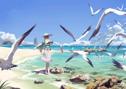 Anime original 2K Quad HD PC wallpaper: girl in a sunhat and white dress on a bright beach under cloud-streaked sky, surrounded by swooping seagulls (anime bird) over turquoise water.