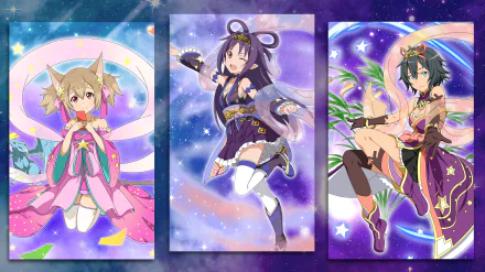 HD PC desktop wallpaper showing three starry anime characters from Sword Art Online: Memory Defrag in vibrant costumes and dynamic poses against a purple cosmic background.