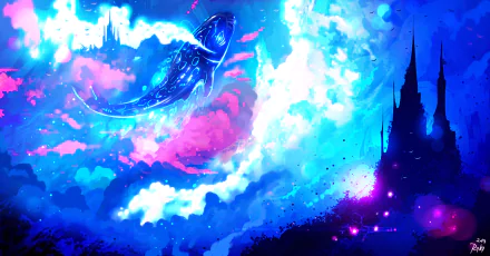 A vibrant anime-style HD wallpaper featuring a fantasy scene with a majestic fish swimming through colorful clouds, and a towering castle silhouetted against the vivid sky. Tags: fantasy, cloud, castle, fish.