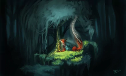 A mystical fox rests on a glowing patch of moss beneath a towering tree in a dark, enchanted forest at night, captured in stunning 4K Ultra HD.
