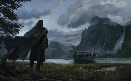 HD wallpaper depicting a fantasy scene with a cape-clad warrior overlooking a misty shoreline where a Viking drakkar boat rests, surrounded by misty mountains and cascading waterfalls.