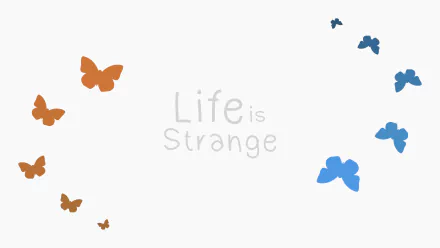 Minimalist 8K Ultra HD wallpaper featuring orange and blue butterflies with the Life Is Strange logo, inspired by the video game and minimalist gaming style.