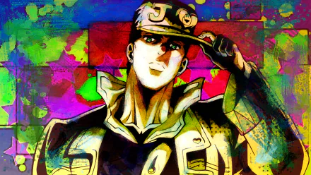 HD desktop wallpaper featuring Jotaro Kujo from the anime Jojo's Bizarre Adventure, set against a vibrant, colorful background.