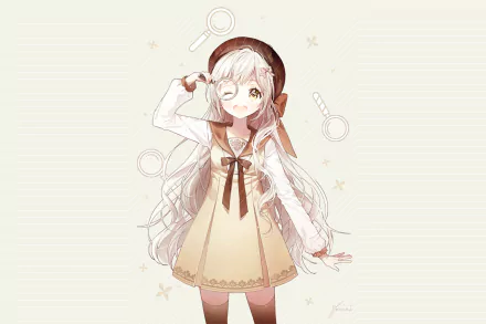 Anime-style original character with long white hair, yellow eyes, and a brown dress, holding a magnifying glass against a light background, HD desktop wallpaper.