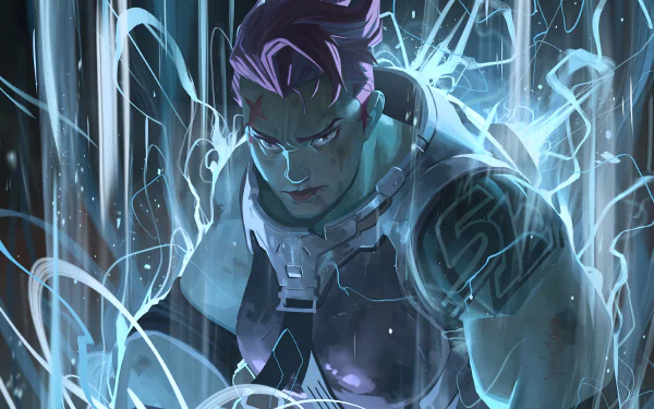 HD PC desktop wallpaper featuring Zarya from the video game Overwatch, depicted with glowing energy effects and a focused, intense expression.